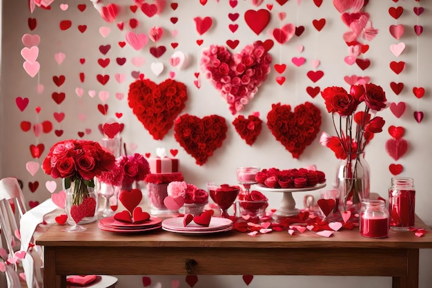 una mesa con muchos corazones y rosas en ella