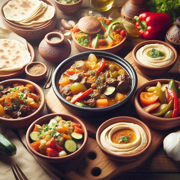 una mesa con muchos cuencos de comida, incluida una olla de comida