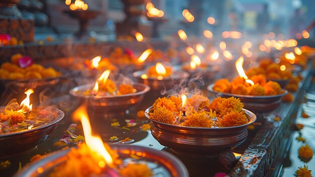 Foto una mesa con muchos cuencos de flores y velas con las palabras 