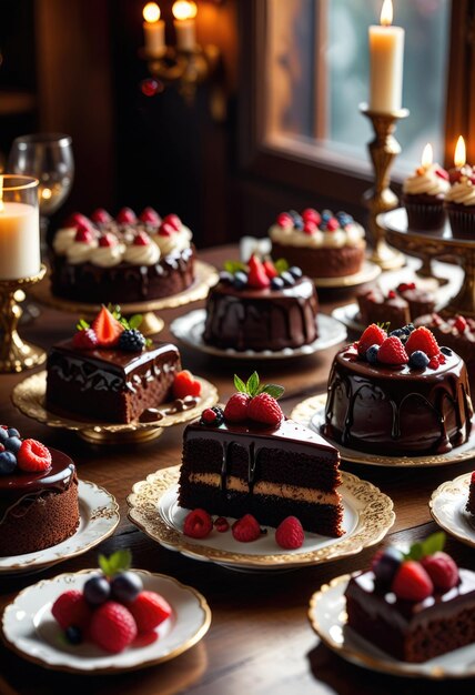 Foto una mesa con muchos pasteles y una vela en ella