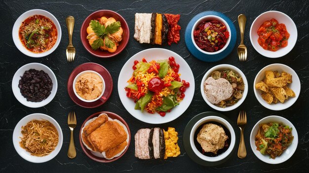 una mesa con muchos platos de comida, incluida ensalada de frutas y pan