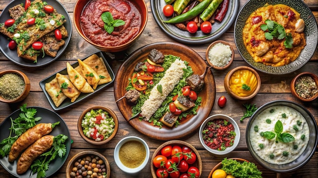 una mesa con muchos platos de comida, incluidos alimentos y una variedad de platos