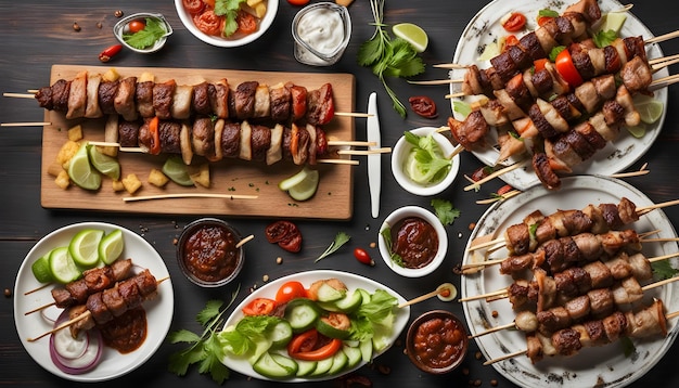 una mesa con muchos platos de comida, incluidos pinzones, tomates y pepinos