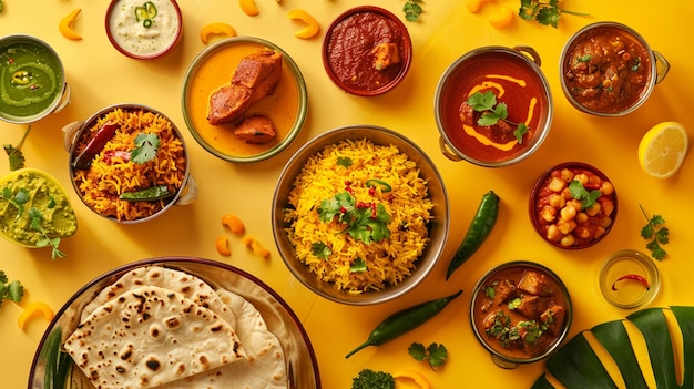 una mesa con muchos platos diferentes, incluido arroz, arroz y verduras