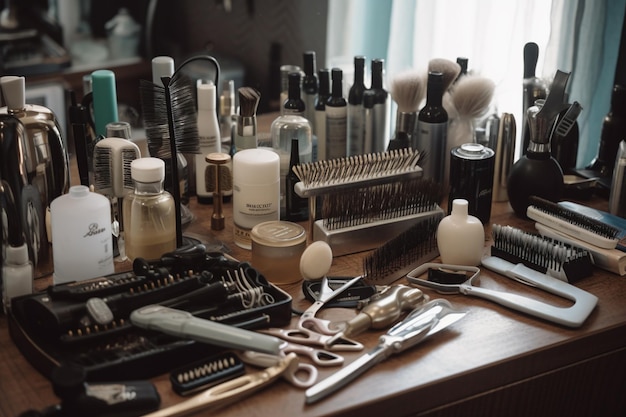 Una mesa con muchos productos para el cuidado del cabello, incluidos un peine, unas tijeras y un peine.