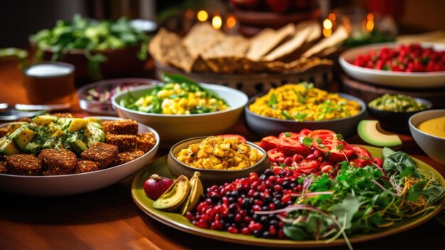 Foto una mesa con muchos tipos diferentes de alimentos ai