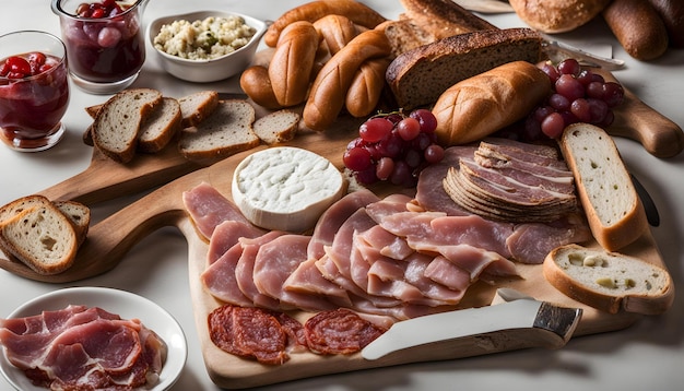 una mesa con muchos tipos diferentes de alimentos, incluido el queso de pan y el pan