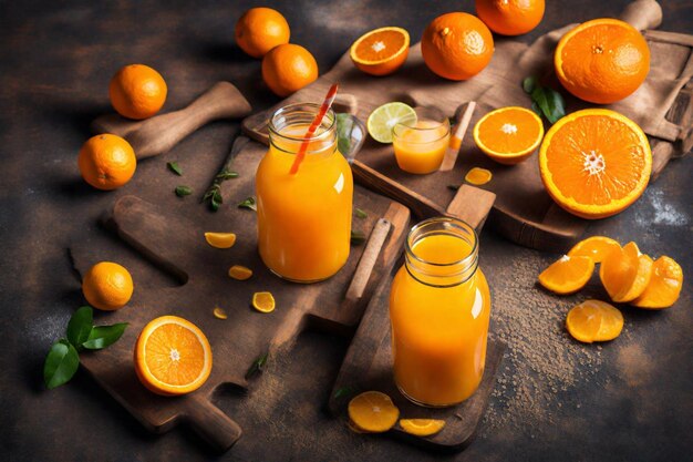 una mesa con naranjas y una botella de jugo de naranja en ella