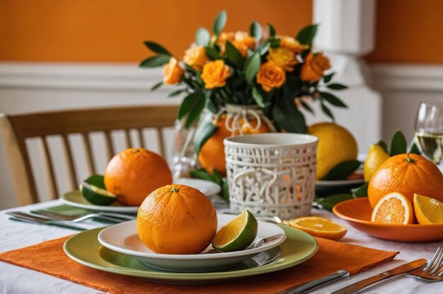 una mesa con naranjas y un cuenco de naranjas en ella