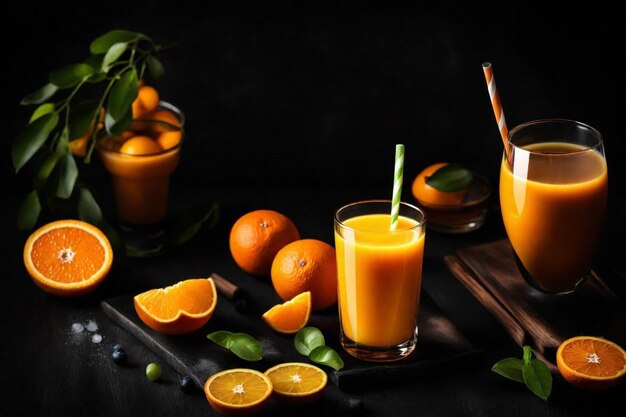 una mesa con naranjas, plátanos y naranjas en ella
