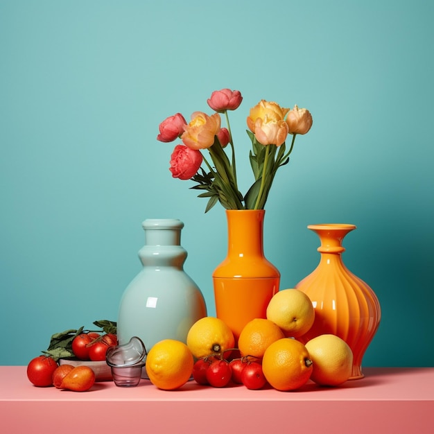 Una mesa con naranjas, tomates y un jarrón con flores.