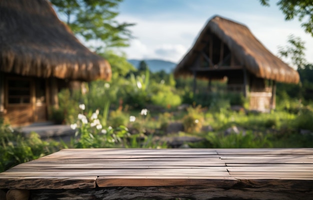 Mesa en la naturaleza abrazar jardín de superficie de madera y casa pequeña