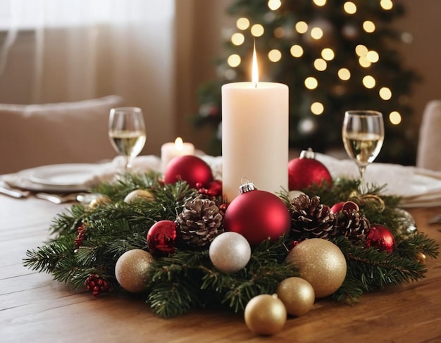 Foto mesa de navidad con adornos bolas y velas