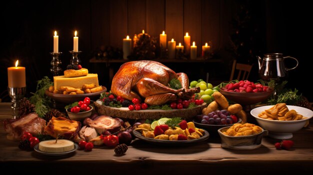 Mesa de Navidad con fondo de comida navideña