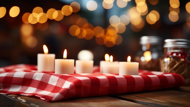 Mesa navideña con espacio de fondo navideño borroso para texto