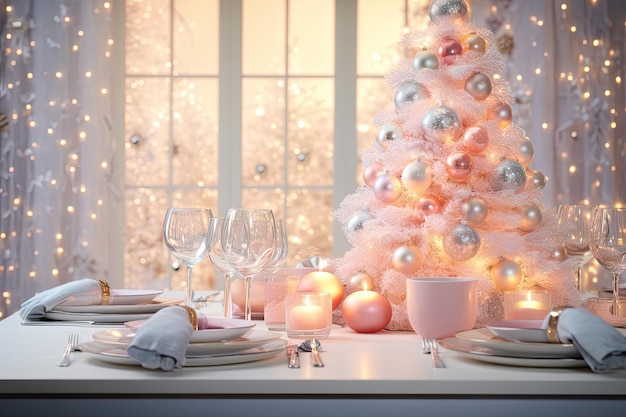 Mesa navideña festiva para fiesta Árbol de Navidad de color pastel claro en el fondo