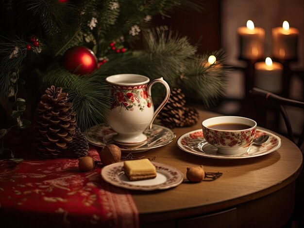 una mesa navideña con una tetera, una taza, un plato y una taza de té.