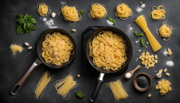 una mesa negra con algo de pasta y algunas tijeras y algunas tijera