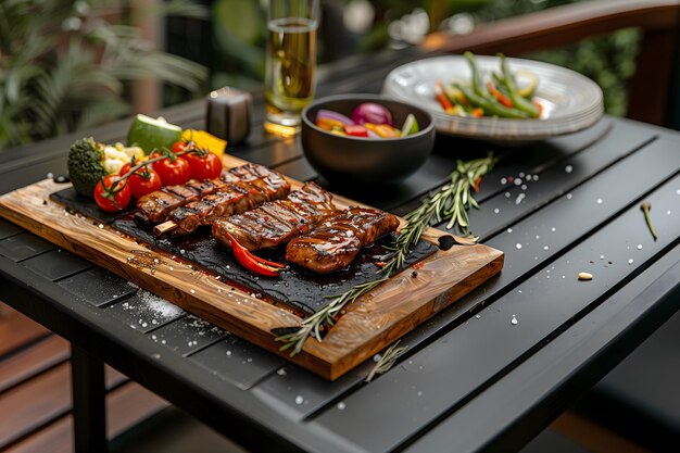 Foto mesa negra en la mesa carne a la parrilla en una tabla de madera verduras estilo moderno