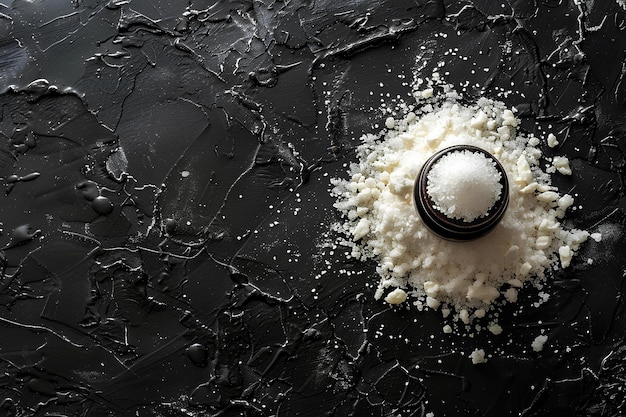 Una mesa negra con un plato blanco y negro y un cuenco blanco y negro con polvo blanco en ella