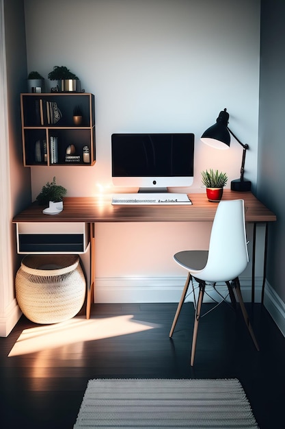 Mesa no escritório em casa com suprimentos e espaço de cópia na parede Espaço de trabalho minimalista