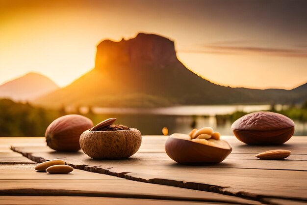 una mesa con nueces y una montaña al fondo