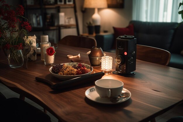 Foto mesa de nuez rústica con piernas largas y estilo sony alpha a1