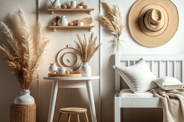 Una mesa o estante blanco se coloca sobre un dormitorio de madera decorado en un estilo bohemio y está adornado con pajitas, plantas secas, adornos, orejas, una gavilla de trigo y una rama en un jarrón, una cama y