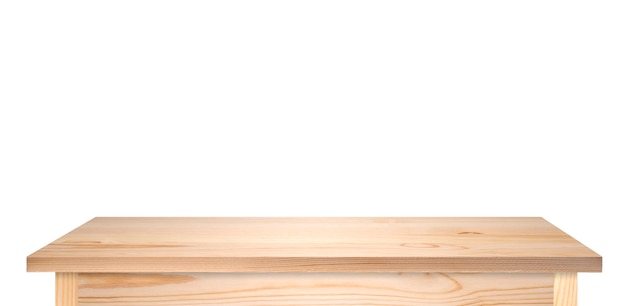 Mesa o tablero de madera de pino aislado en blanco. Mesa de color marrón claro como plantilla para ideas, imagen larga de alta resolución.