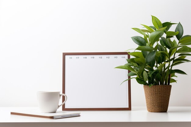 Mesa de oficina con café y despertador para pantalla de computadora portátil que muestra calendario generado por IA