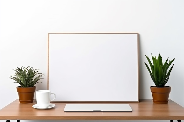 Mesa de oficina con café y despertador para pantalla de computadora portátil que muestra calendario generado por IA