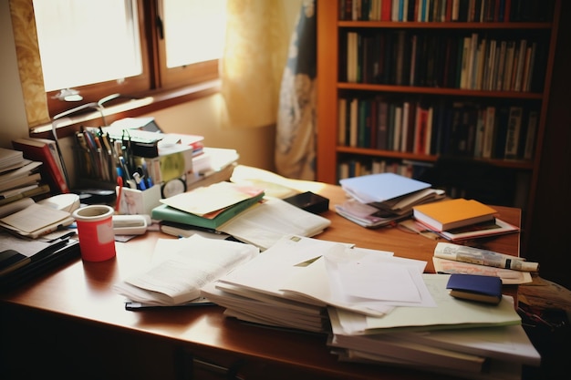 Mesa de oficina desordenada con muchos papeles y libros en ella