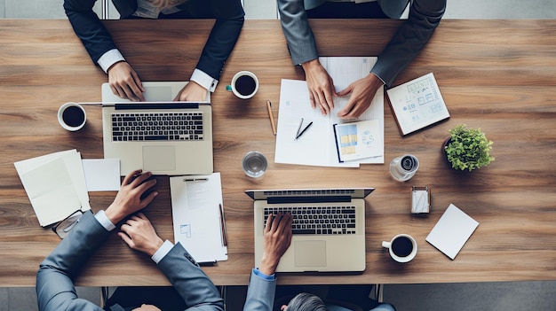 mesa de oficina con las manos de cuatro personas trabajando