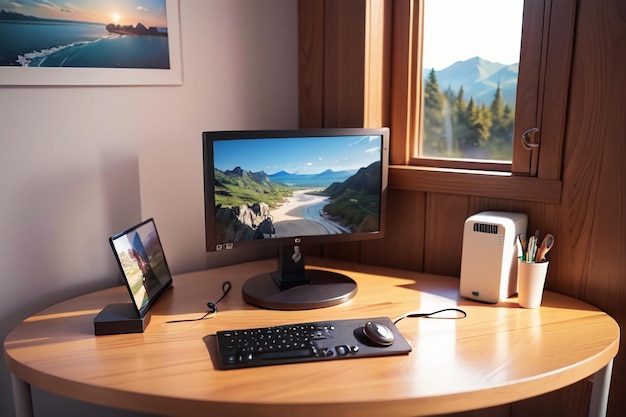 Mesa de oficina, mesa de conferencias, escritorio de computadora, área de trabajo, espacio interior íntimo para el trabajo duro.