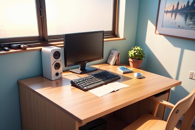 Mesa de oficina, mesa de conferencias, escritorio de computadora, área de trabajo, espacio interior íntimo para el trabajo duro.