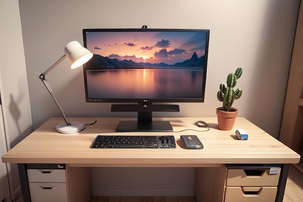 Mesa de oficina, mesa de conferencias, escritorio de computadora, área de trabajo, espacio interior íntimo para el trabajo duro.