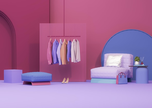 Mesa de oficina ropa de decoración para el hogar en colgante y espacio de trabajo en fondo rosa rojo púrpura