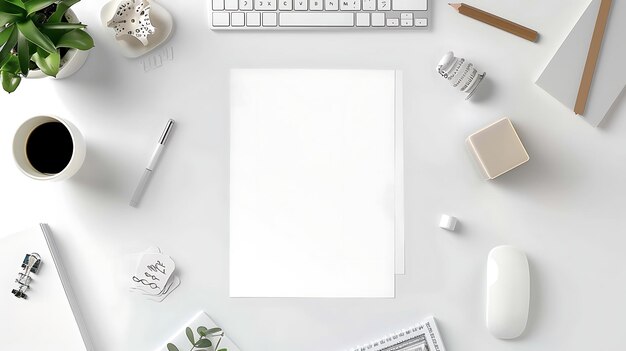 Foto mesa de oficina de vista superior con papel en blanco pluma taza de café ratón teclado lápiz borrador clips de papel planta decorativa y otros suministros de oficina