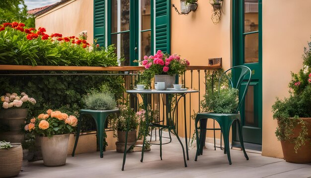 una mesa con una olla de flores en ella