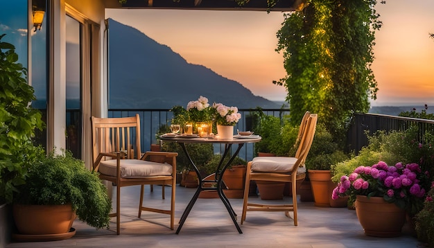 una mesa con una olla de flores y una puesta de sol en la pared