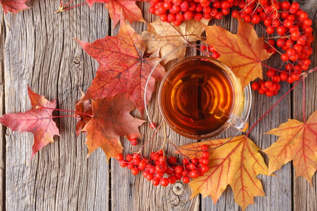 Mesa de otoño con hojas y té en un exterior