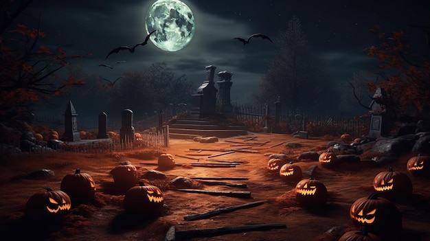 Mesa de paisaje de Halloween y cementerio en noche espeluznante