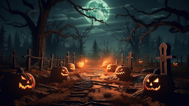 Mesa de paisaje de Halloween y cementerio en noche espeluznante