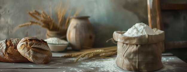 Mesa con pan y bolsa de harina