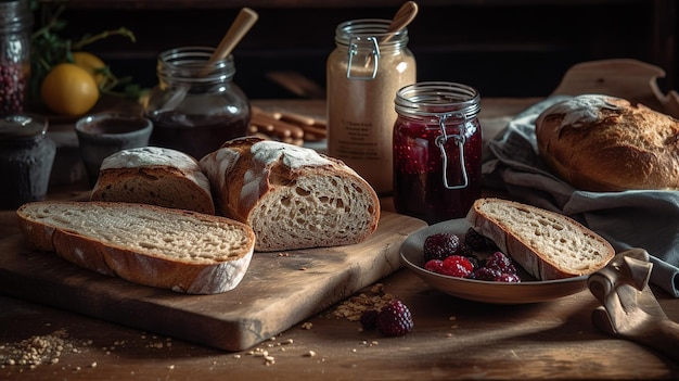 Una mesa con pan y mermeladas encima.