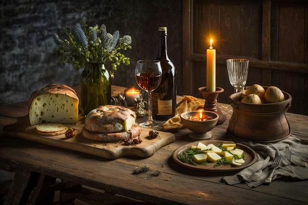 Mesa con pan, vino y velas IA generativa