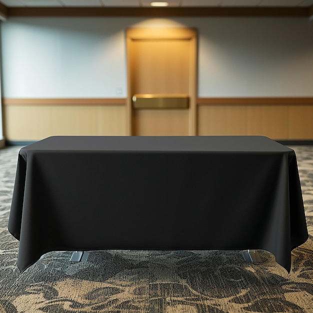 una mesa con un paño de mesa en ella que dice "el nombre de la compañía"