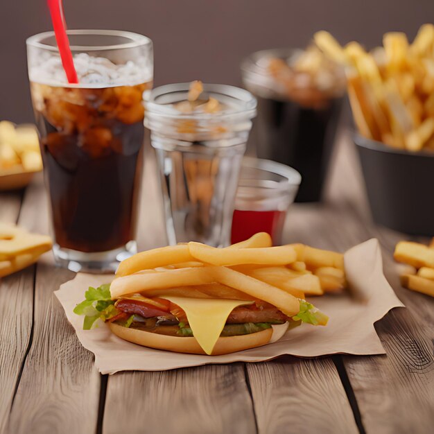 Foto una mesa con papas fritas un sándwich y un refresco