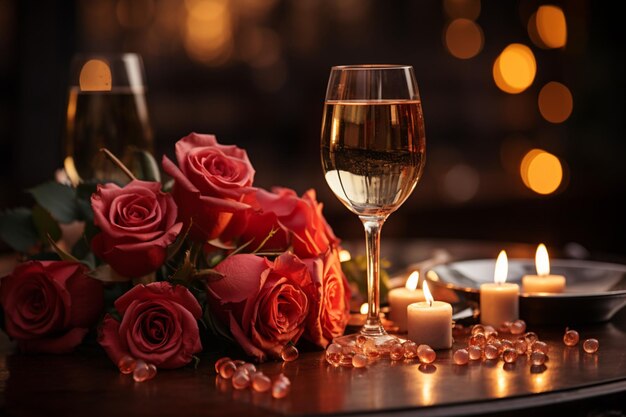 Mesa para romance Velas de vinho tinto rosas