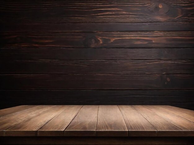 Una mesa con una pared de madera en el fondo generada por IA